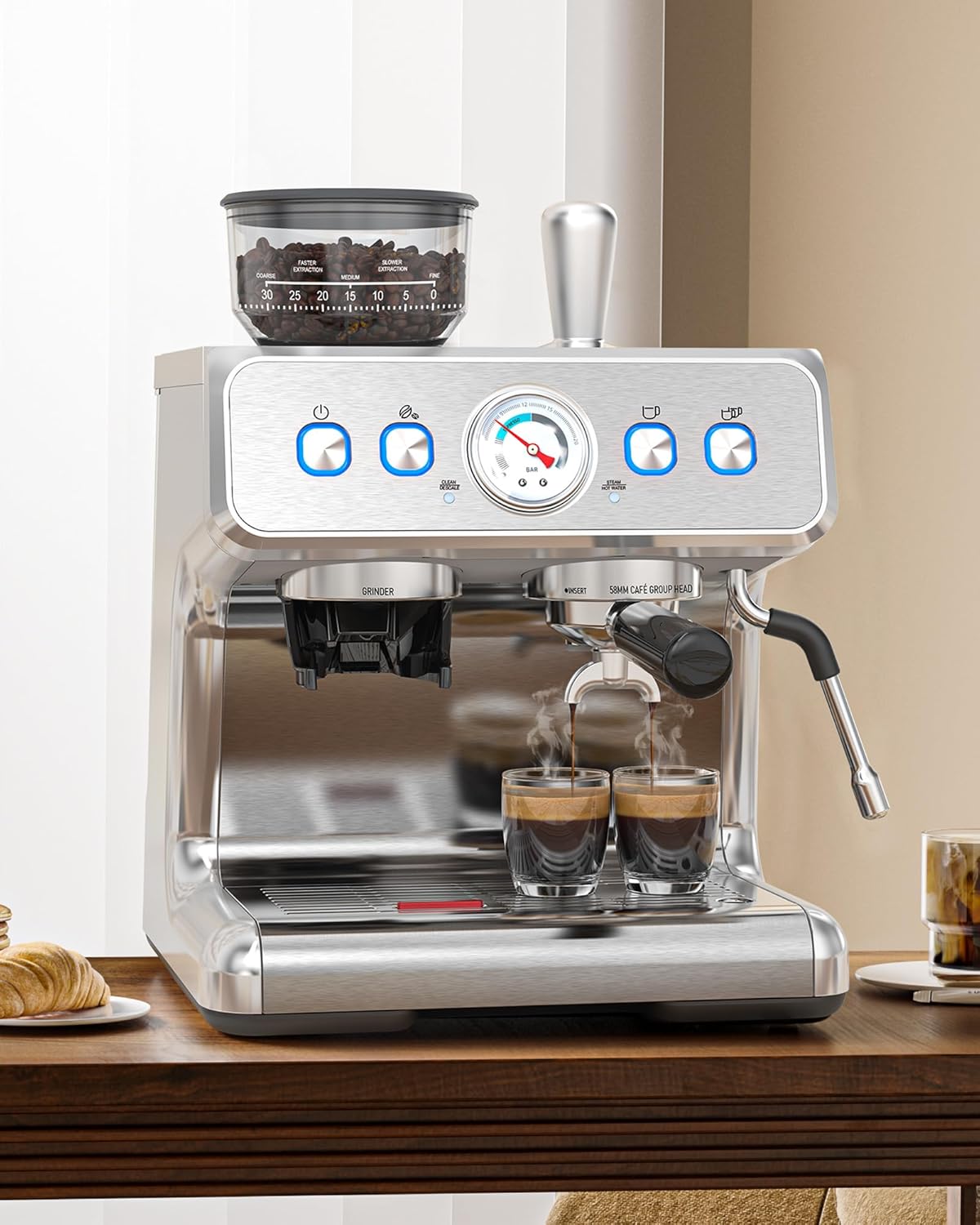 COWSAR Espresso Machine 15 Bar, Semi-Automatic Espresso Maker with Bean Grinder & Milk Frother Steam Wand, 75 Oz Removable Water Reservoir, Self-Cleaning, Ideal for Cappuccino/Latte, Stainless Steel