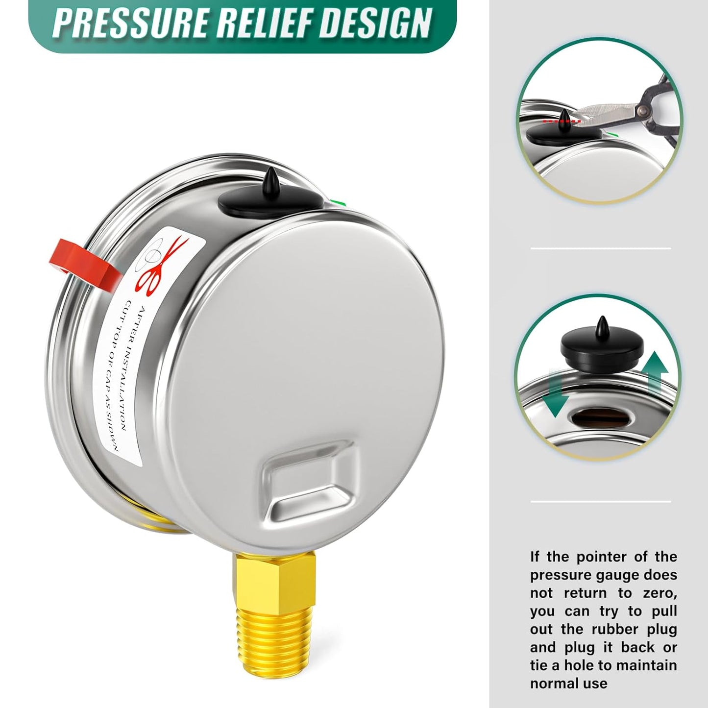 0-30psi Stainless Steel 1/4" NPT 2.5" Dial, Glycerin Liquid Filled Pressure Gauge Lower Mount Designed for Pressure Testing of Water, Oil and Air (with Range Mark Pointer)