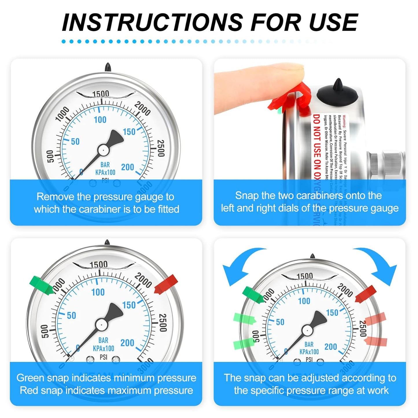 MEANLIN MEASURE 0~3000Psi Stainless Steel Liquid Filled Pressure Gauge 2.5" FACE DIAL 1/4" NPT for WOG Water Oil Air Back Mount with Stainless Steel Hex Bushing and Snaps