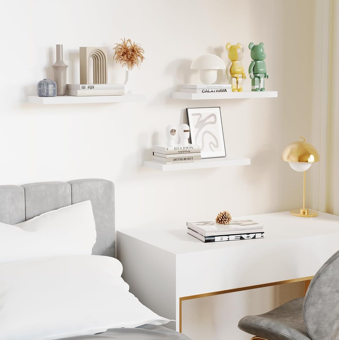 Floating Shelves for Wall, White Wood WallShelf Set of 3, 16" Wall Mounted Floating Shelf for Kitchen, Living Room, Bedroom, Bathroom Storage, Book Shelf for Walls Home Decor, Frame Display