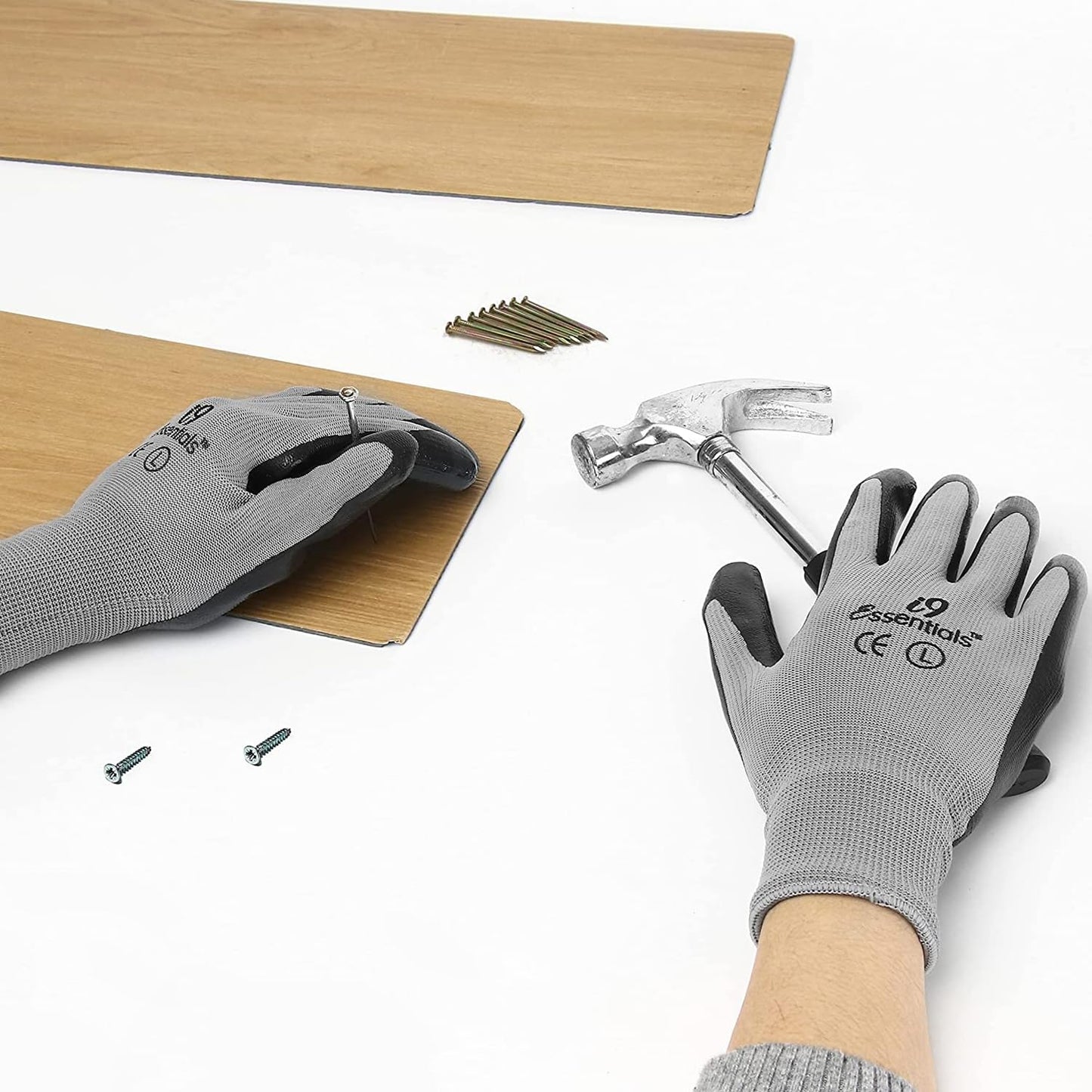I9 Essentials Seamless Nitrile Coated Work Gloves, Large 6 Pairs, Black & Grey – Washable Grip for Construction, Gardening, Woodworking