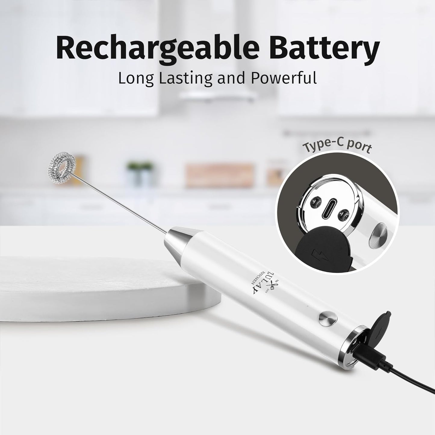 Zulay Kitchen Lux Rechargeable Milk Frother Handheld - Powerful 2-Speed Motor, Fully Waterproof, 2000mAh Battery - Drink Mixer For Latte, Cappuccino, Matcha, Protein Powder - White