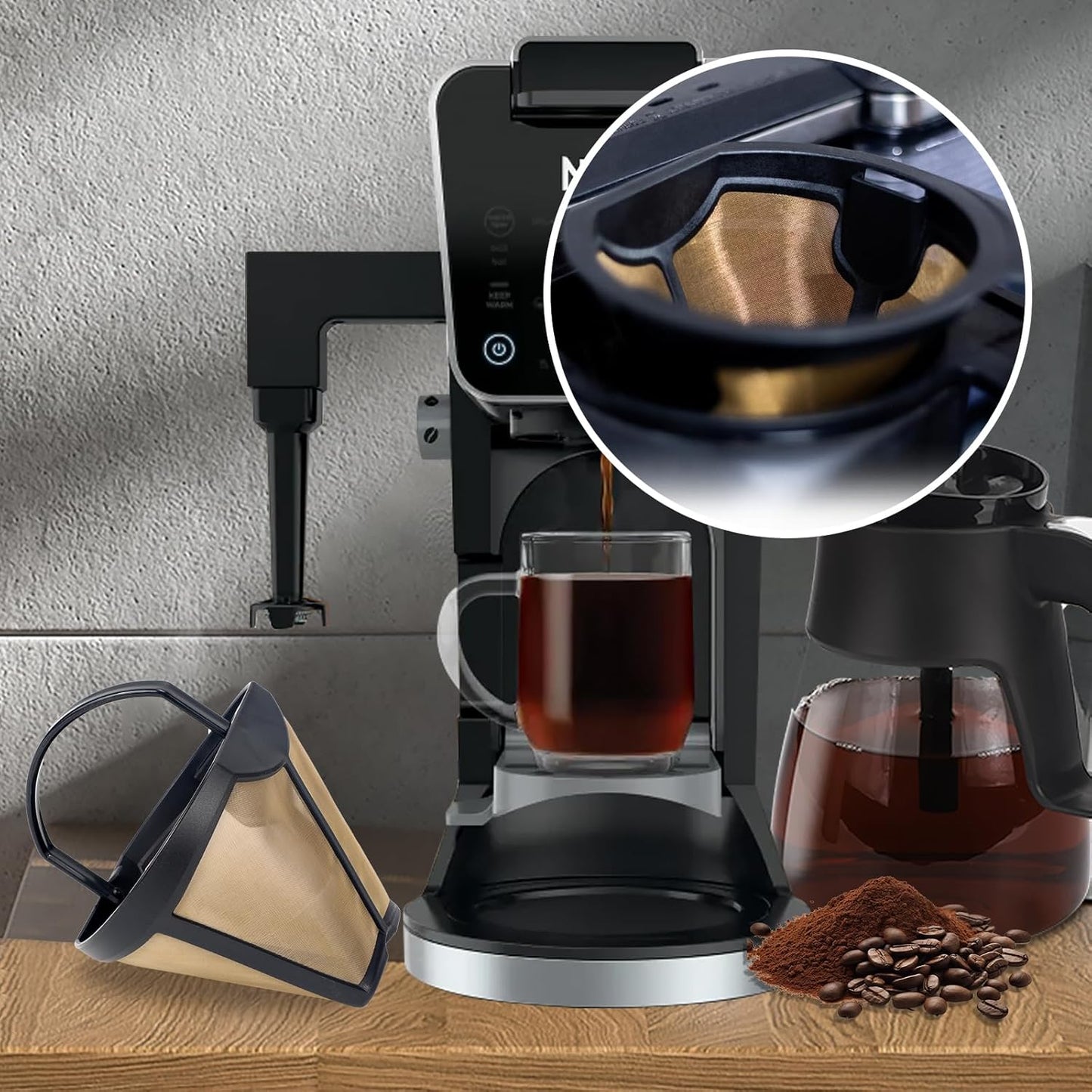 Coffee Permanent Filter for Ninja CFP Dual Brew, Reusable Gold Tone Coffee Filter Basket Compatible with Ninja Coffee Makers CFP300 CFP301 CFP305 CFP307 (2 Packs)