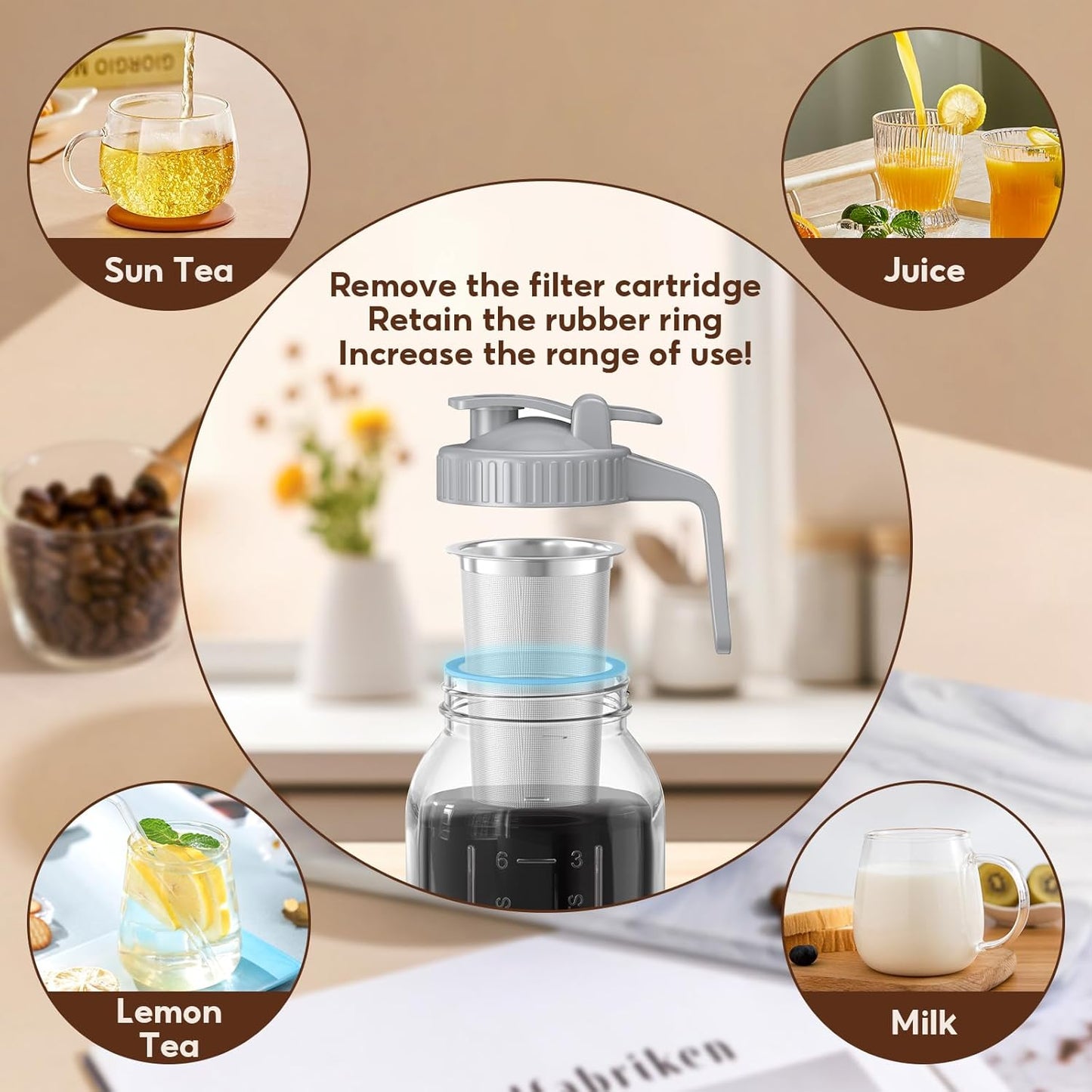 Cold Brew Coffee Maker Jar - 2 Pack 64 oz/32 oz Glass Cold Brew Maker with Handle, Stainless Steel Filter & Leak-Proof Lid, Heavy Duty Cold Brew Pitcher for Iced Coffee, Sun Tea, and Milk