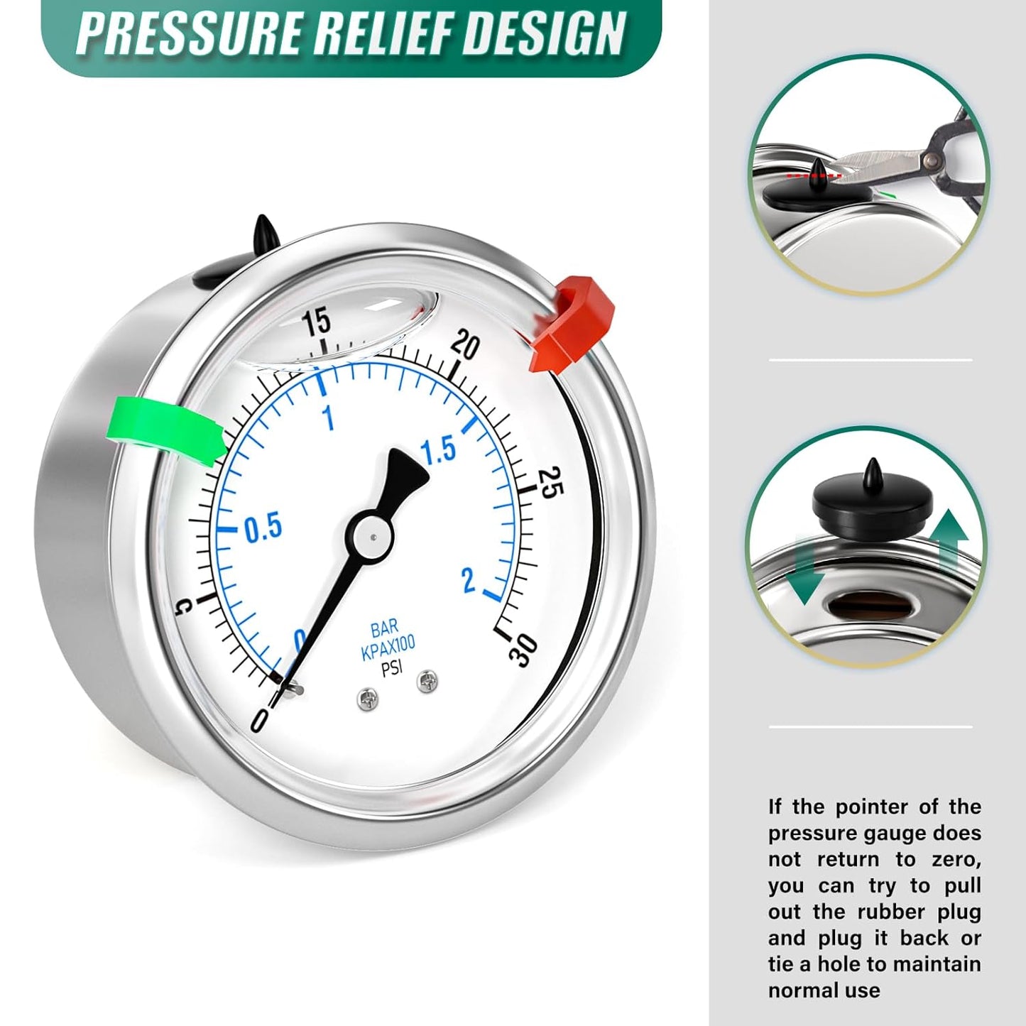 0-30psi Stainless Steel Glycerin Liquid Filled Pressure Gauge 1/4" NPT 2.5" Face Dial Center Back Mount, for Water, Oil and Air Pressure Testing (with Range Mark Pointer)