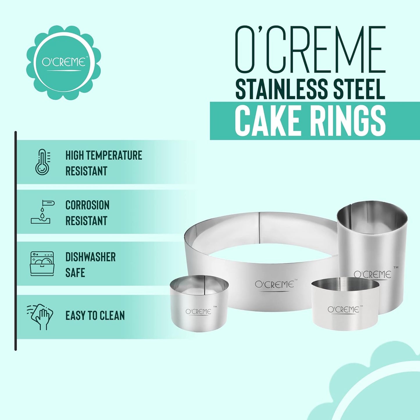 O'Creme Cake Ring Sturdy Stainless Steel Round Mousse Cake Ring Mold for Baking, Dessert Cake Decorating Pastry Rings 9 Inch Diameter x 3 Inch High