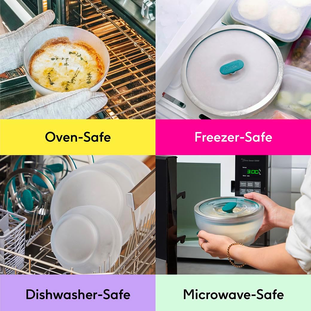 Anyday 4-Cup Microwave Cookware & Glass Container with Glass Lid, Plastic-Free Shallow Food Storage | Stackable Airtight Steamer with Vented Lid for Microwave-Safe Reheating, Steaming Vegetables