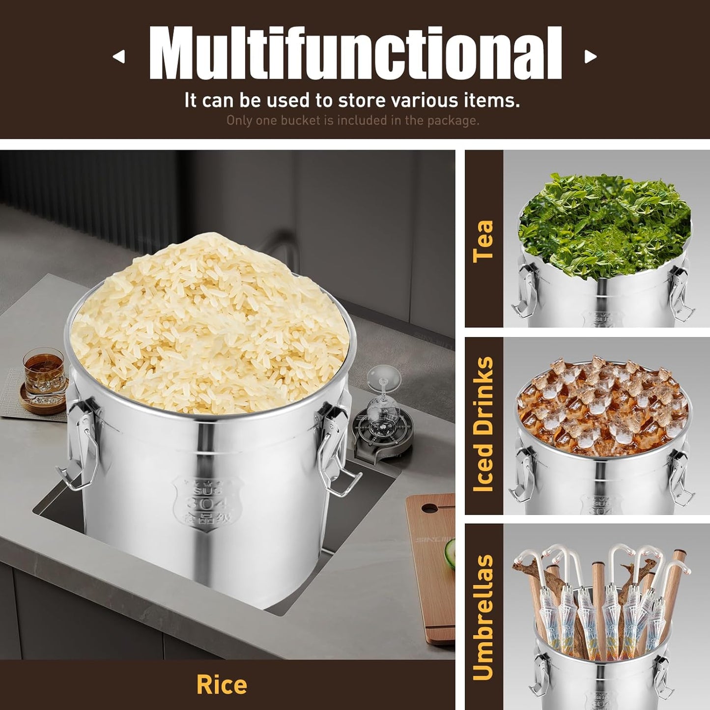 1115 OZ Stainless Steel Canister Rice Cereal Grain Storage Containers with Lid Airtight Coffee Bean Storage Milk Flour Sugar Food Storage for Home Bar Restaurant (33L/1115 OZ)