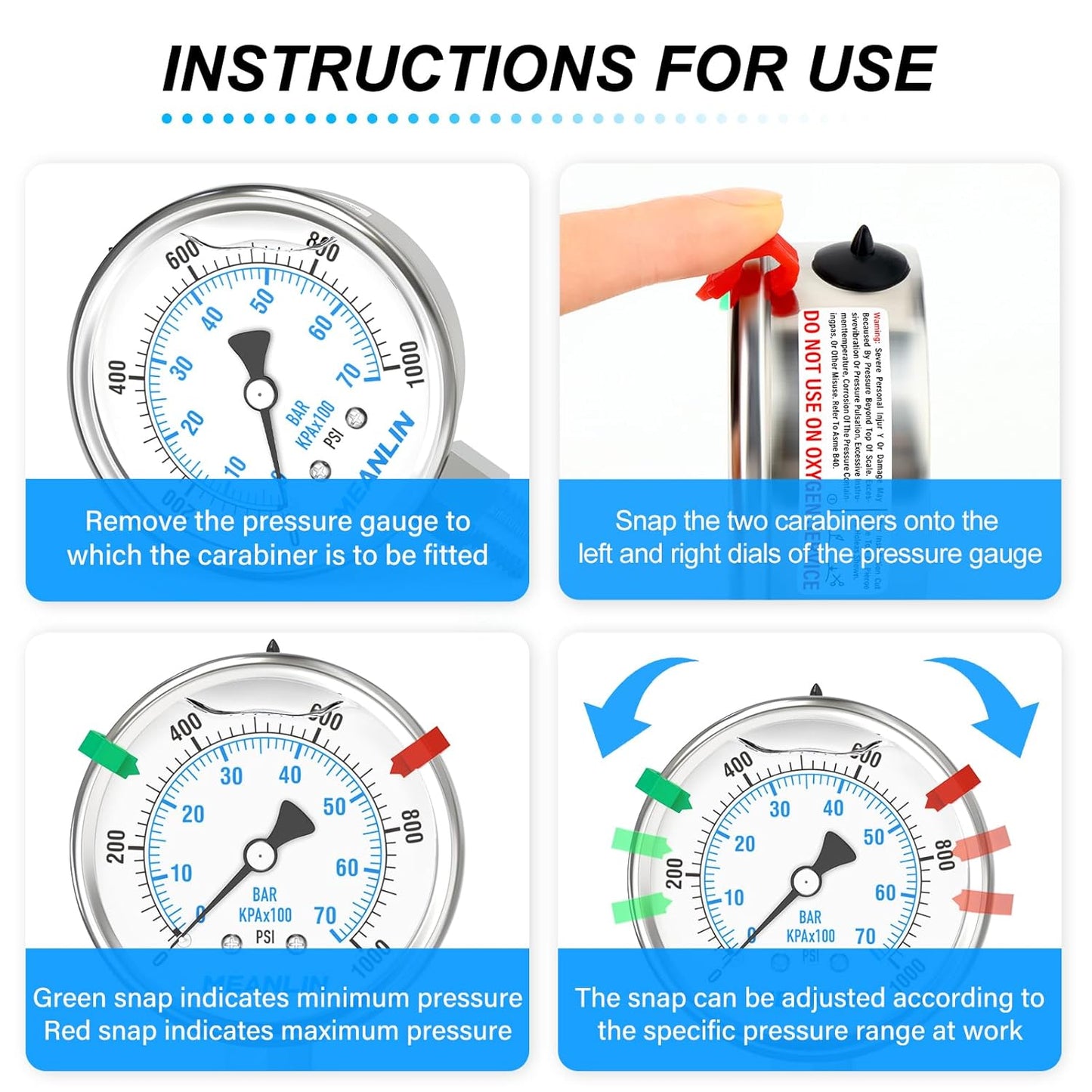 MEANLIN MEASURE 0~1000Psi Stainless Steel Liquid Filled Pressure Gauge 2.5" FACE DIAL 1/4" NPT for WOG Water Oil Air Lower Mount with Stainless Steel Hex Bushing and Snaps