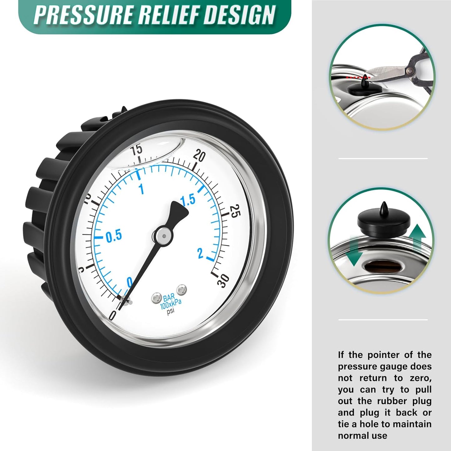 0-30PSI Stainless Steel Liquid Filled Pressure Gauge, 2.5" Dial Size, 1/4" NPT Back Mount, with Rubber Protective Sleeve, for Tube, Water Pump, Gas, Liquid, Pressure Test