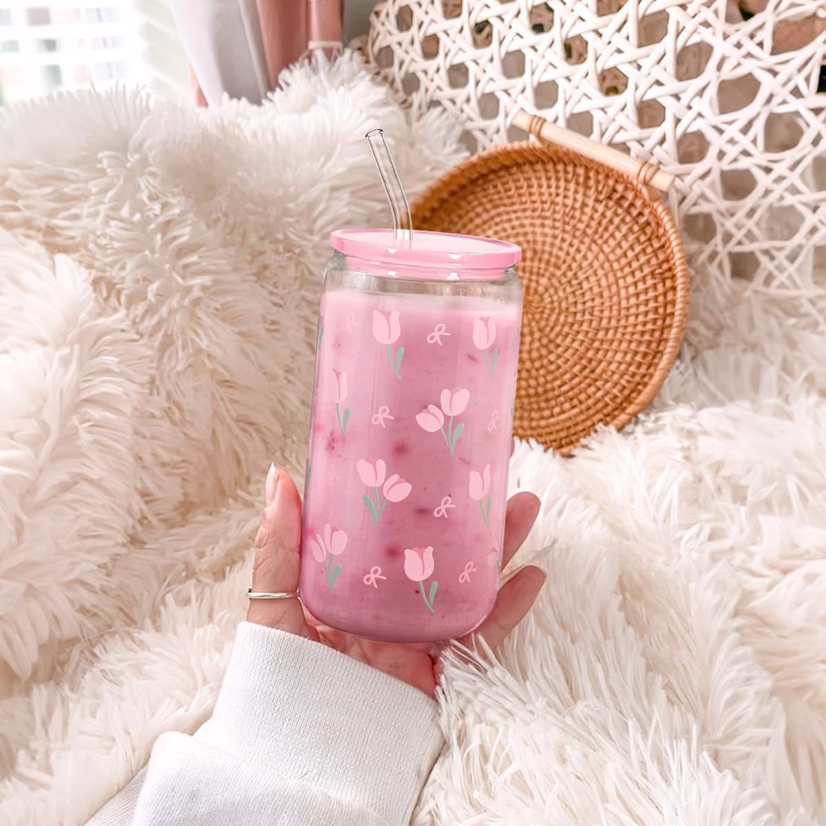 SANDJEST Floral Glass Can, Tulip Iced Coffee Aesthetic Cup, Gift for Christmas Birthday, Gifts for Women Girls, 16oz