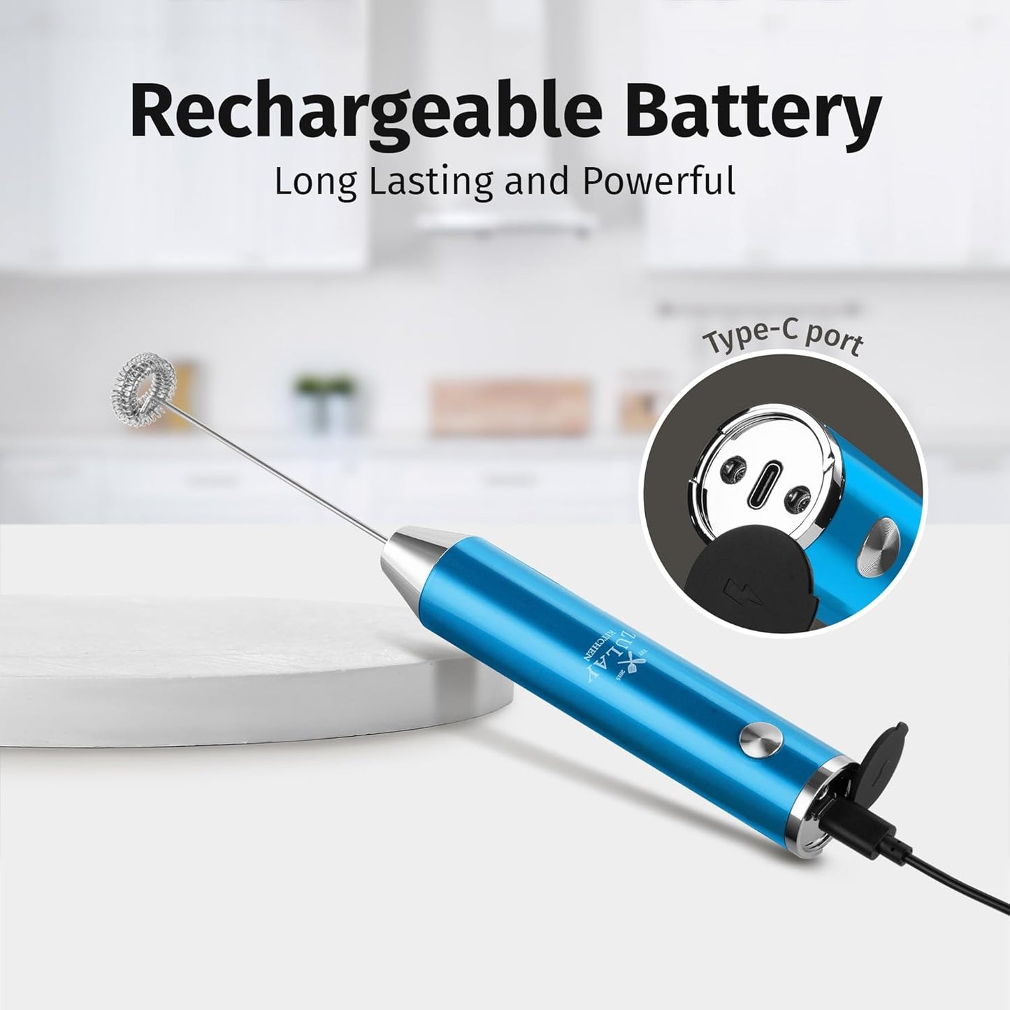 Zulay Kitchen Lux Rechargeable Milk Frother Handheld - Powerful 2-Speed Motor, Fully Waterproof, 2000mAh Battery - Drink Mixer For Latte, Cappuccino, Matcha, Protein Powder - Metallic Blue