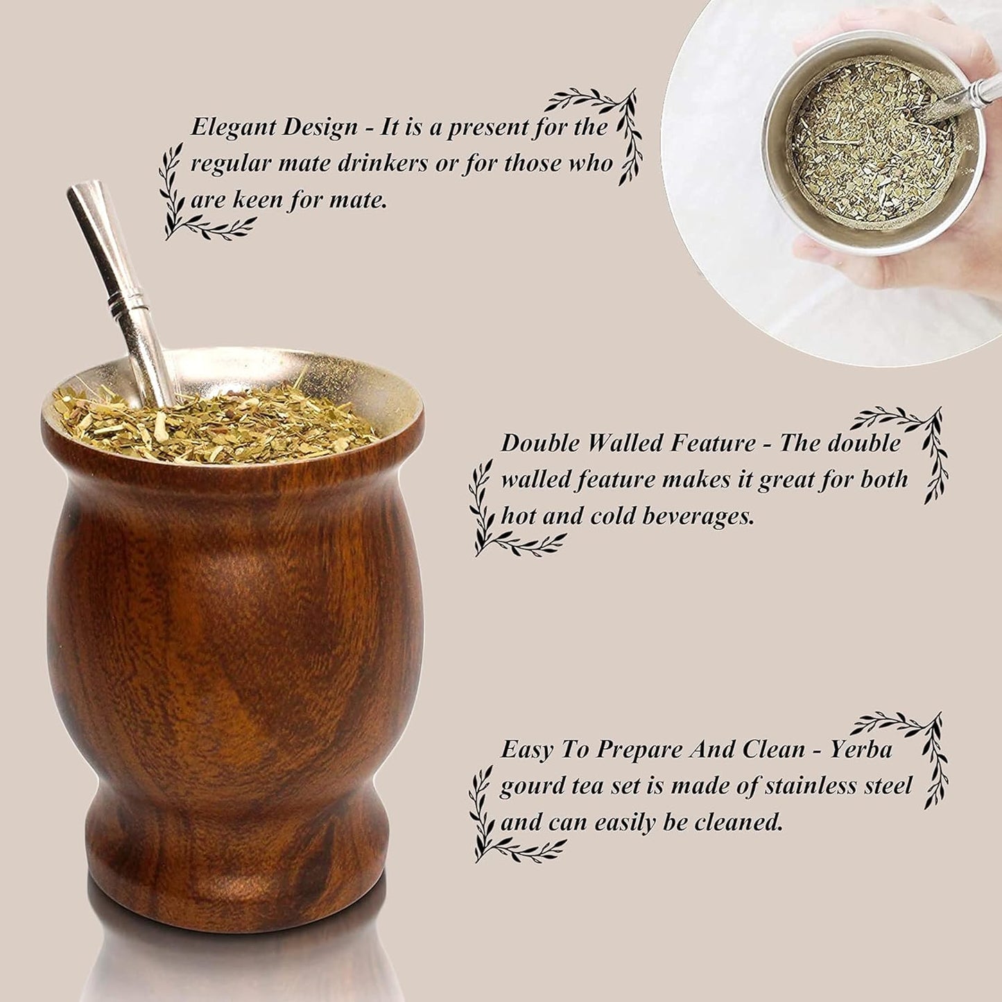 LA FEE Yerba Mate Natural Gourd/Tea Cup Set Brown (Original Traditional Mate Cup - 8 Ounces),Includes Yerba Mate Straw & Cleaning Brush,Stainless Steel | Double-Walled | Easy to Clean (Brown)