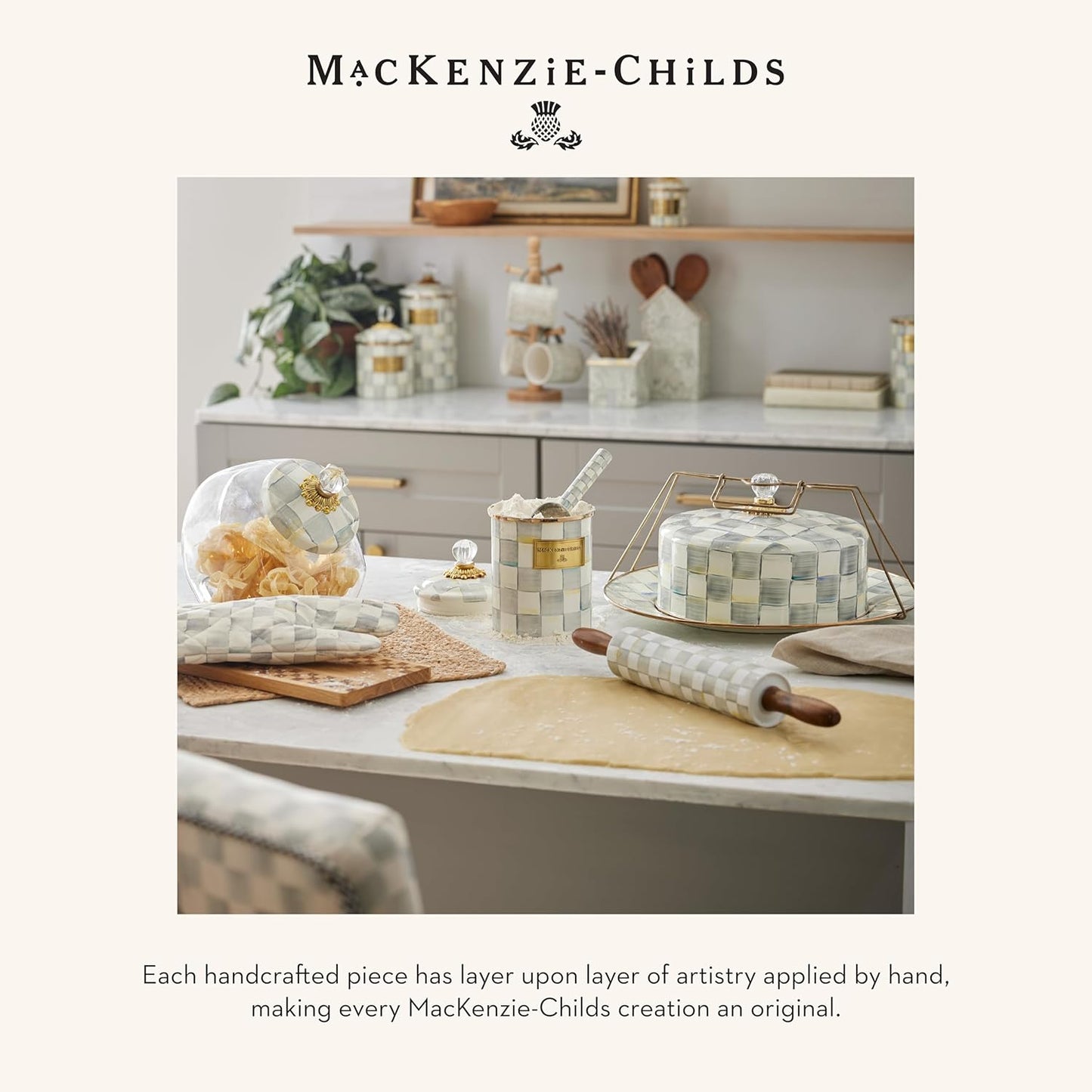 MACKENZIE-CHILDS Enamel Tea Kettle, Stylish Tea Kettle for Stovetop, Grey-and-White Sterling Check, 2 Quarts