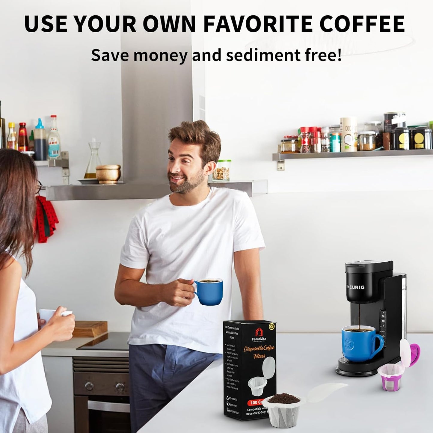 100 Count Fanativita K Cup Filters Disposable with Genius Lid Design, Fit All Reusable K Cups for Keurig (White)
