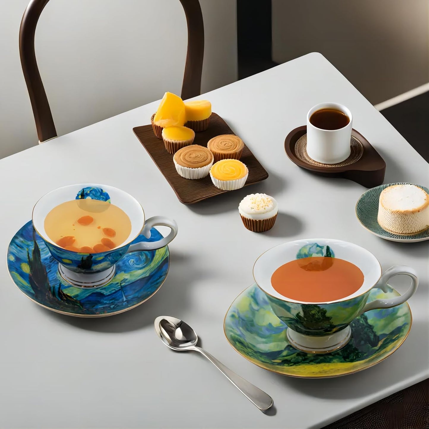 Floral Tea Cups Saucers Set of 2, Bone China 7 oz British Teacups Porcelain Van Gogh Coffee Cup for Rose Tea Cappuccino Espresso Latte (Starry Sky & Starry Sky)
