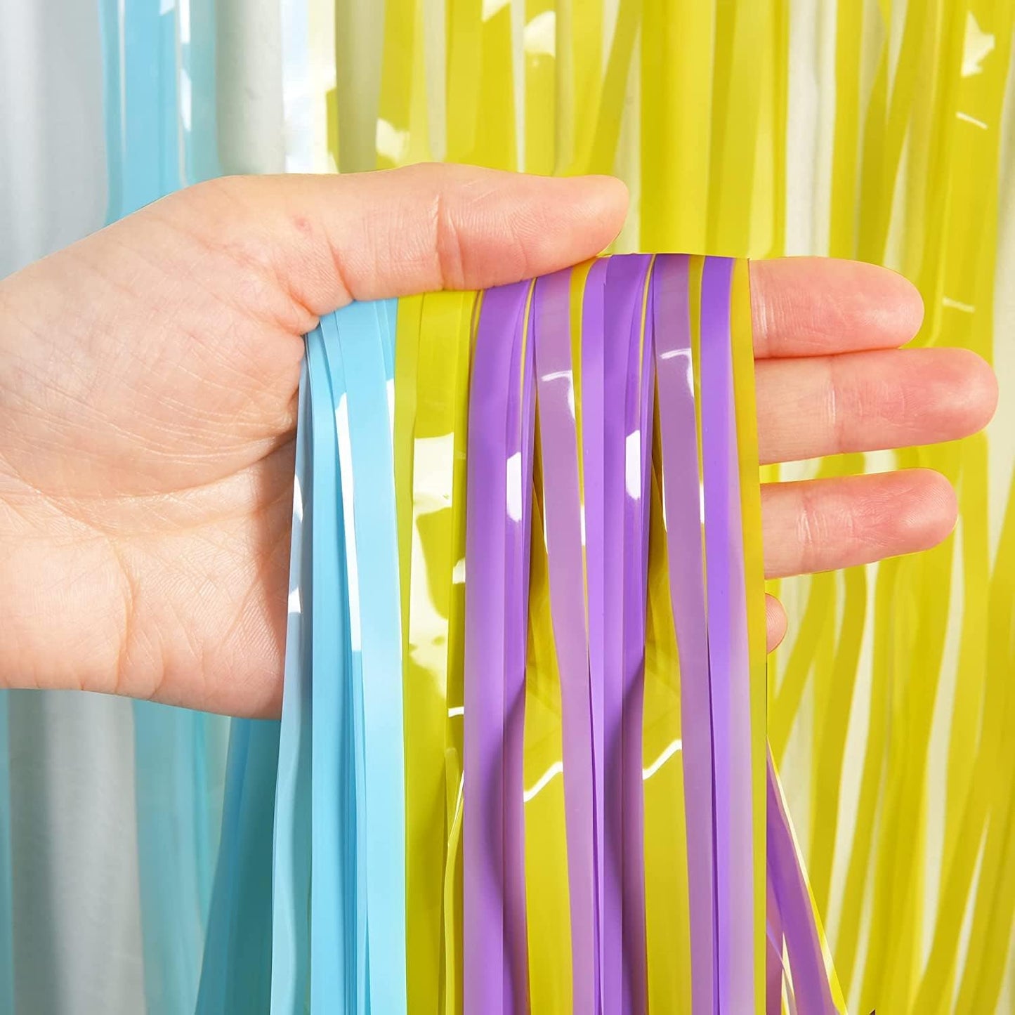 BRAVESHINE Tinsel Foil Fringe Curtains - 2Pcs 3.2x8.2ft Pastel Colourful Photo Backdrop for Sweet Birthdays Easter Bunny Bridal Shower Fairy Kids Candy Donut Party Decorations