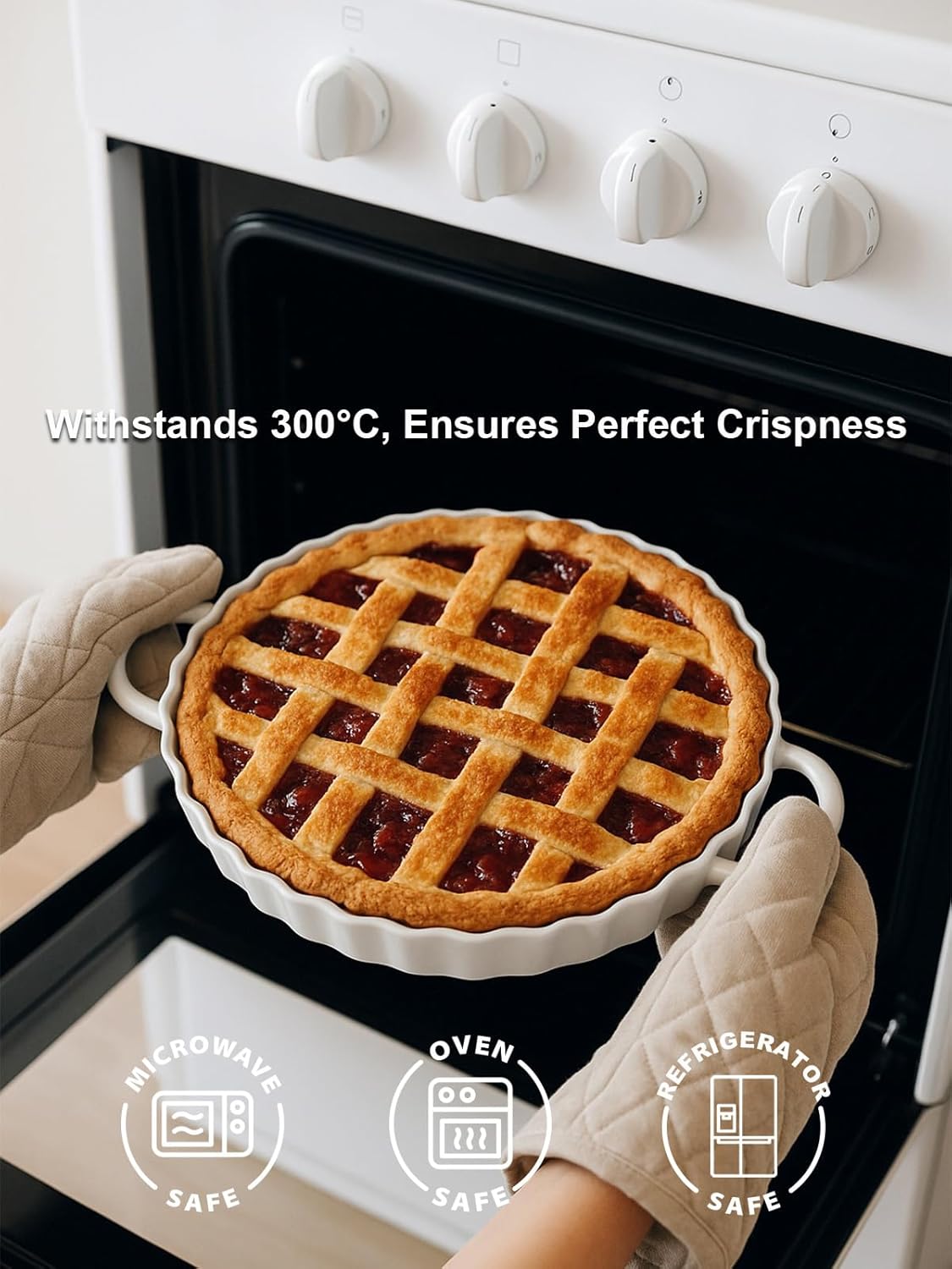 10×2in Deep Ceramic Pie Pan with Handles for Pie Quiche Tart Baking. Easy to grip, Lead-Free. Casserole Lasagna Dish for Thanksgiving Christmas Wedding Gift. Microwave, Dishwasher, Oven Safe