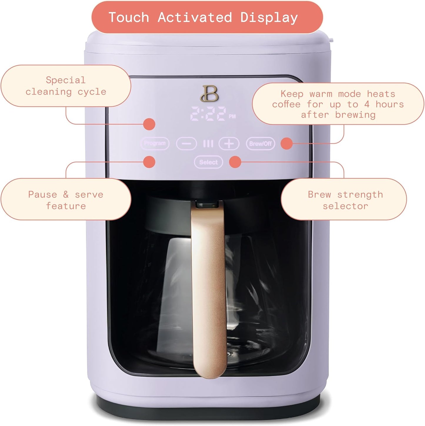 Beautiful Coffee Maker, 14-Cup, Touch-Activated Display, Programmable, Automatic Shut-Off, 1200W, Keep Warm, 24h Timer (Lavender)