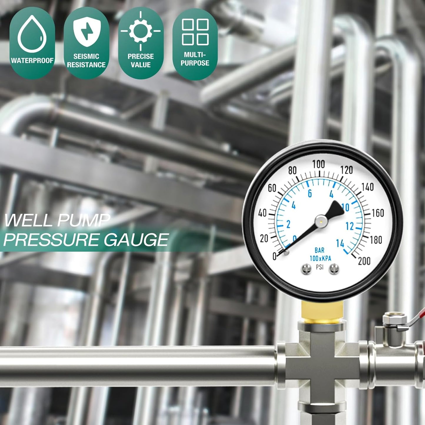 0-200PSI Well Pump Pressure Gauge 2" Dial Size, 1/8" NPT Lower Mount, 3-2-3% Accuracy, for Tube, Water Pump, Gas, Liquid, Pressure Test