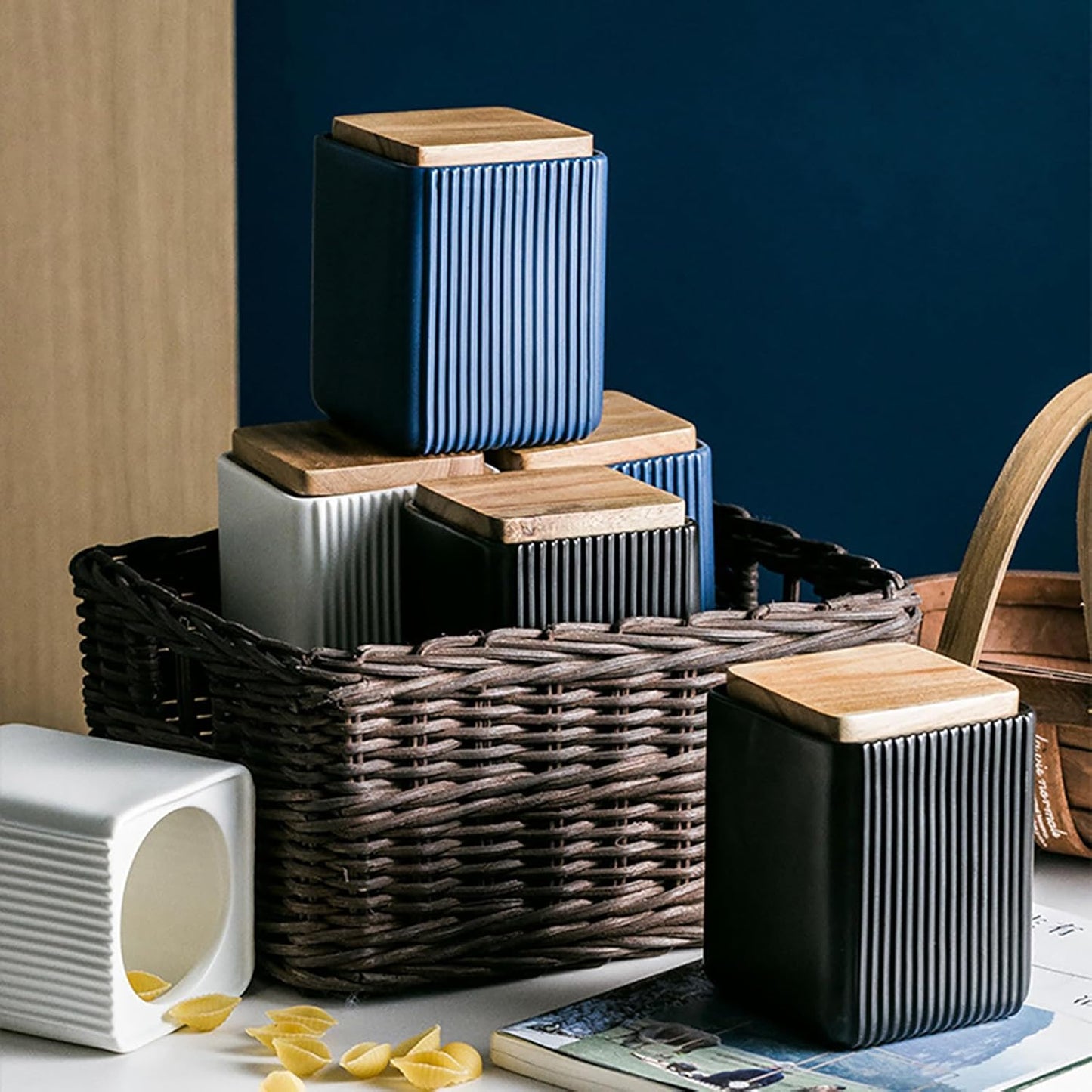 Ceramic Storage Jars Modern Elegant Highly Polished Airtight Storage Canisters with Lid Whiteware Food Stroage Jar for Kitchen Spice Tea Vanilla Sugar Coffee Beans (Blue-750ML)