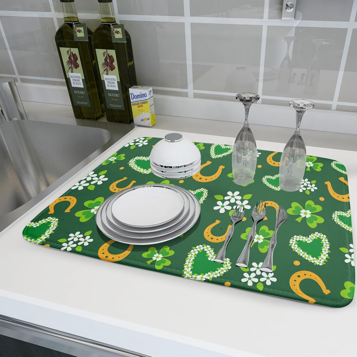 Giwawa Lucky Clovers Dish Drying Mat 18x24 inch St Patrick's Day Shamrocks Horseshoes Floral Dish Drainer Mats Spring Flower Leaf Microfiber Dish Drying Pad for Kitchen Countertop Large Decor