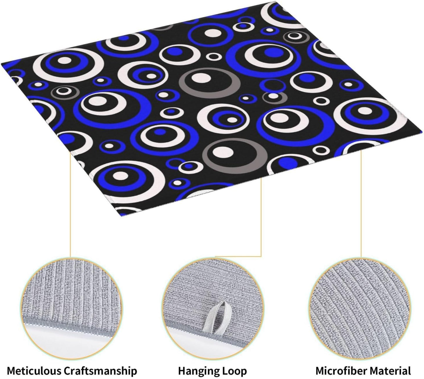 Blue Black White Geometric Circle Dish Drying Mat for Kitchen Counter, 16" x 18" Absorbent Microfiber Drying Pad for Dishes, Modern Decor Kitchen Mat, Foldable, for Sink, Dining Area, Small Appliances