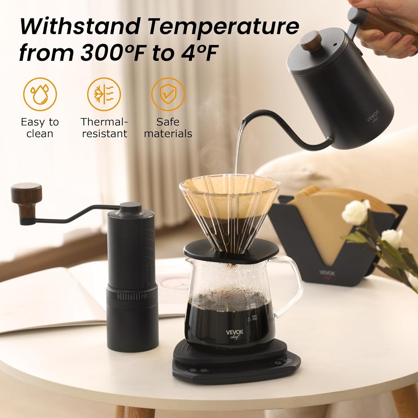 VEVOK CHEF Pour Over Coffee Maker Set, 20 Oz Borosilicate Glass Server Carafe and Glass Coffee Dripper with 100pcs Cone Paper Filter, Hand Coffee Brewer for Home, Camping, Outdoor