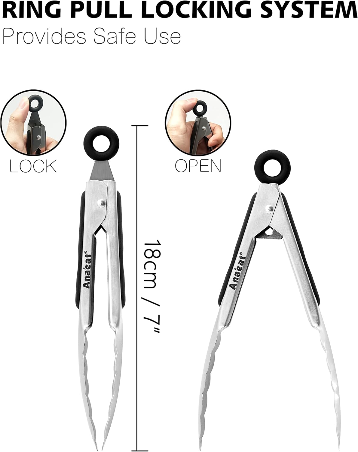 Anaeat 3 Pack 7" Mini Stainless Steel Cooking Tongs - Sturdy Coiled Spring Locking Kitchen Food Tong with Non-Slip Silicone Grip for Serving, Cooking, Baking - Heat Resistant up to 480¡ÆF (Black)
