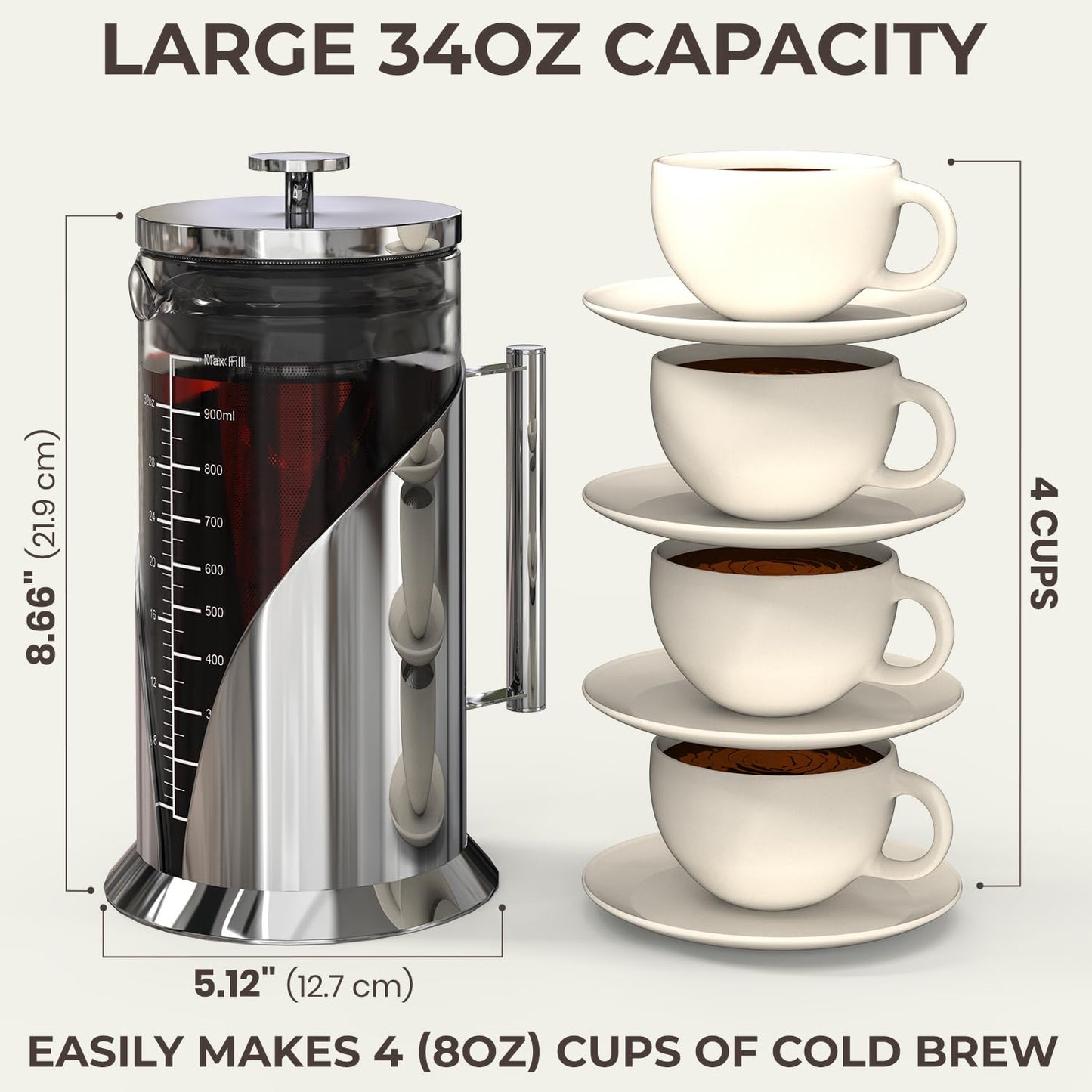 Cafe Du Chateau Stainless Steel French Press Coffee Maker - 34oz Insulated Coffee Press with 4-Level Filtration, BPA Free, Durable Glass, Great for Tea