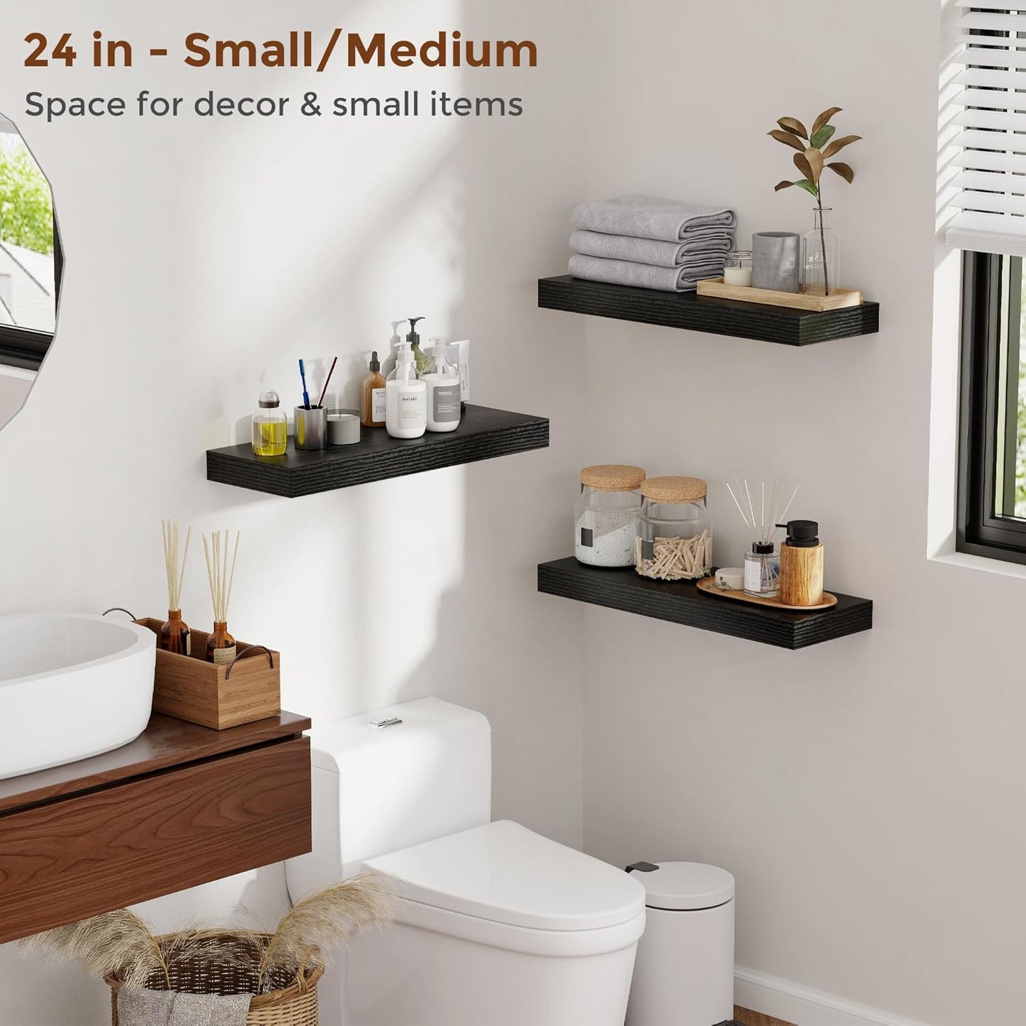 Heimlove 48 Inch Floating Shelves for Wall 8 Inch Deep Black Shelves Set of 2,Wall Mounted Rustic Wood Long Floating Shelf,Large Display & Storage Shelf with Invisible Brackets