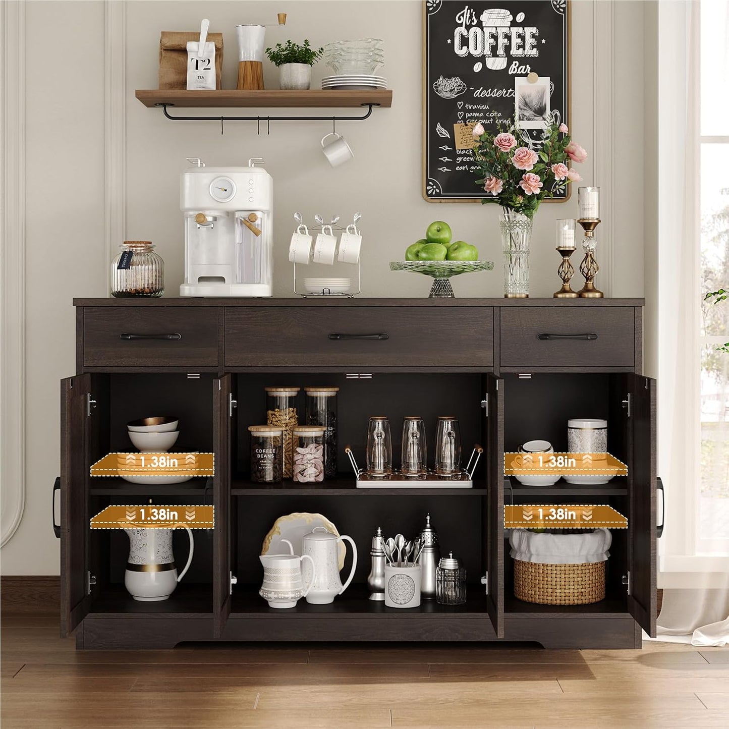 HOSTACK Buffet Cabinet with Drawers, 55" Large Sideboard Buffet Storage Cabinet with Shelves and Doors, Modern Farmhouse Coffee Bar Station Wood Kitchen Table for Kitchen, Dining Room, Dark Brown