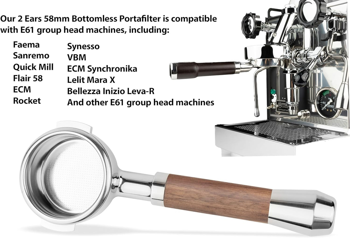 LILQ 58mm Bottomless Naked 2 Ears Portafilter Compatible with E61 Grouphead Machines– Includes 18–20g Basket (Aluminum Flat, 58mm For E61)
