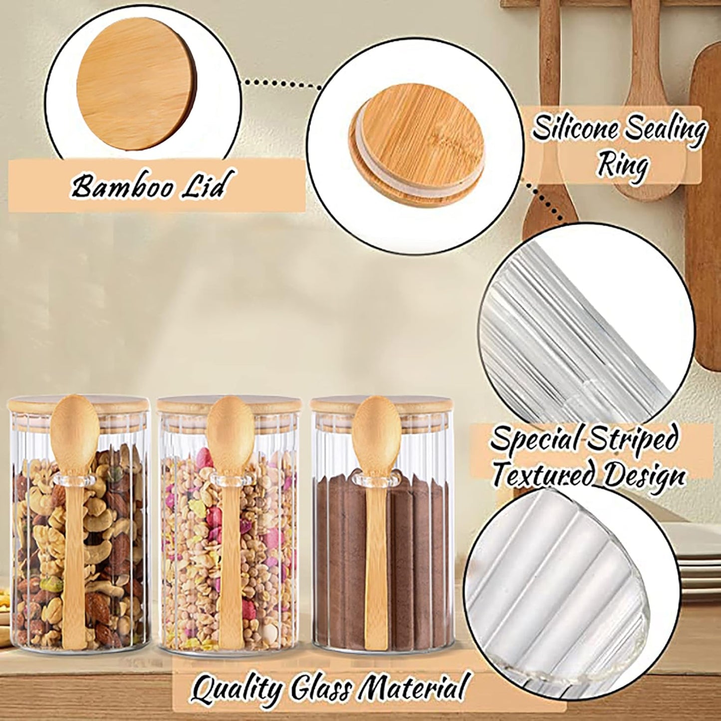 25 FL OZ Large Airtight Glass Jars with Bamboo Spoons Lids Overnight Oats Container Decorative Coffee Bar Food Storage Jar Cereal Nuts Salts Coffee Tea Flour Sugar Container Spice Jars