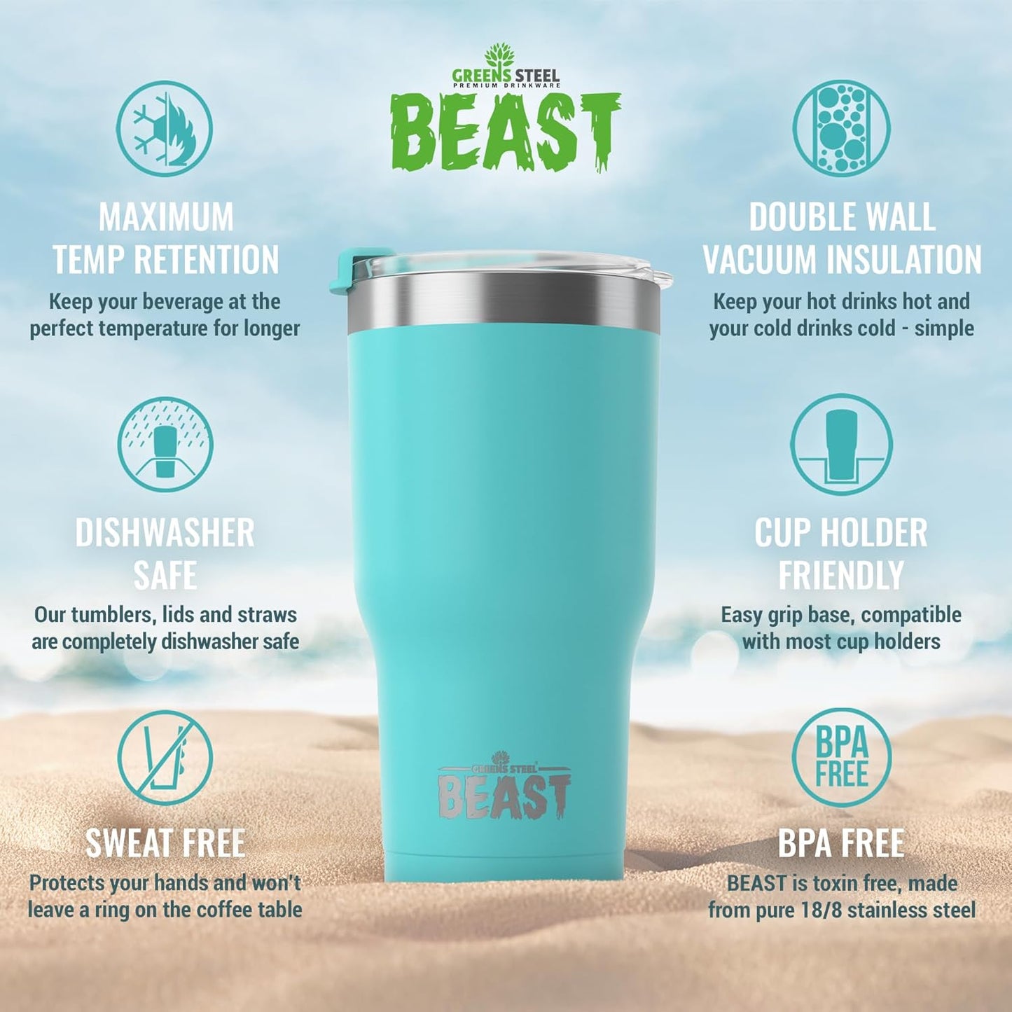 Beast 20 oz Tumbler Stainless Steel Vacuum Insulated Coffee Ice Cup Double Wall Travel Flask (Aquamarine Blue)