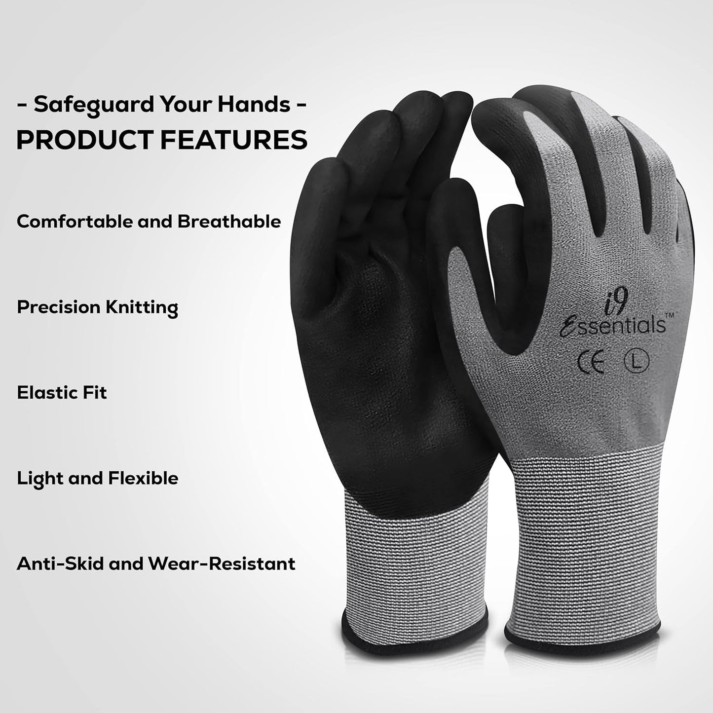 I9 Essentials Safety Work Gloves – 12 Pairs MicroFoam Nitrile Coated, Seamless Nylon Knit Grip Gloves for Construction, Home Improvement, Gardening, Mechanics, Automotive – Large, Breathable