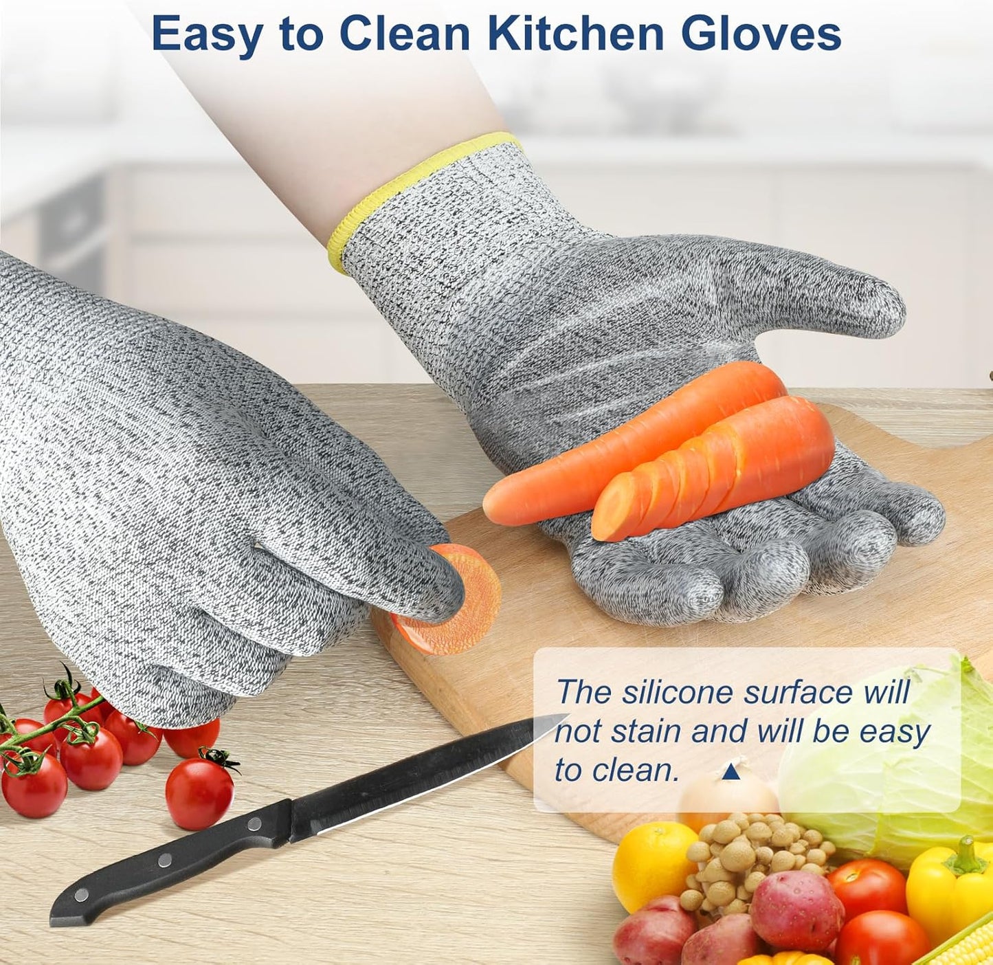 Dowellife Level 5 Cut Resistant Gloves with Silicone Coating, Food Grade Kitchen Knife Safety Gloves, Work Gloves for Chef, Mandoline Oyster Shucking Meat Cutting Wood Carving (Gray Large), Grey