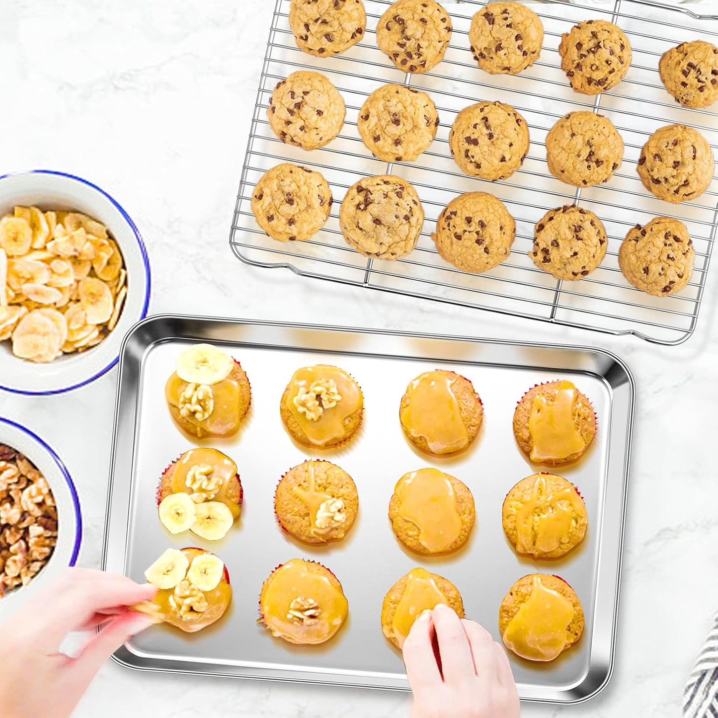 P&P CHEF 17.5 Inch Stainless Steel Baking Sheet with Rack Set (2 Pans+ 2 Racks), Cookie Sheets Baking Trays and Cooling Wire Racks, Oven & Dishwasher Safe, Pans with Flat Racks