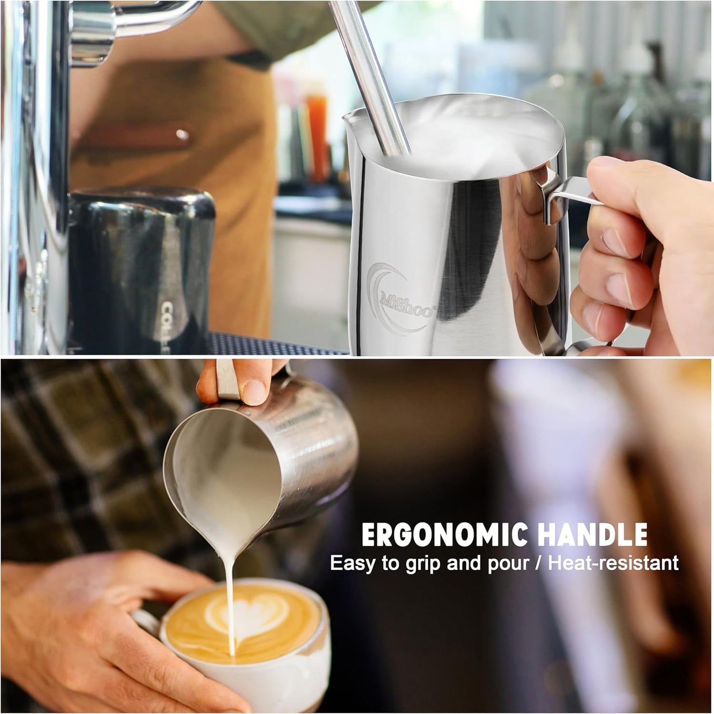 MiShooยฎ Milk Frothing Pitcher, 12oz Steaming Pitcher 304 Stainless Steel Espresso Machine Accessories for Coffee Bar, Cappuccino Barista Tools Milk Jug Steamer Frother Cup with Latte Art Pen