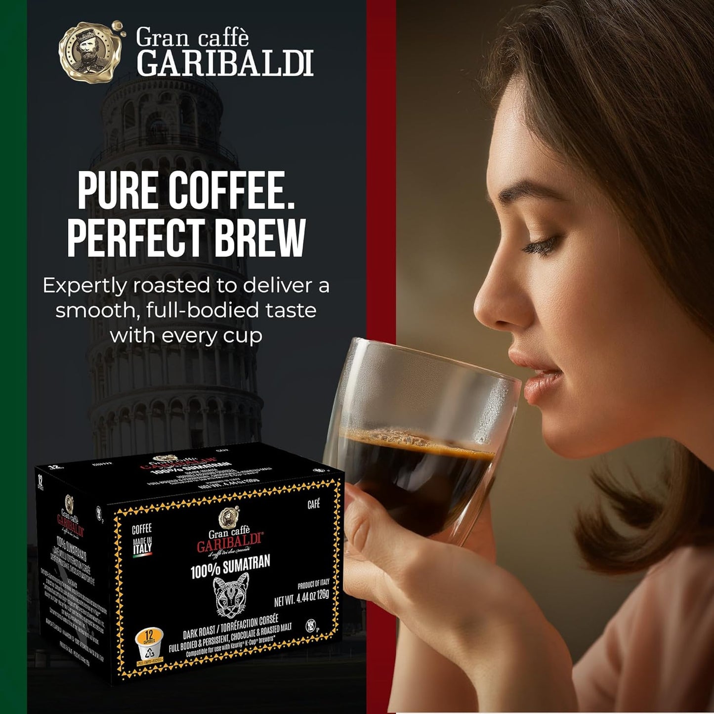 Caffè Garibaldi Sumatran Coffee Pods, Single-Serve Capsules for Keurig K-Cup Brewers with 100% Arabica Blend, Recyclable Pod and Single Serve Cups, 72 Count K-Pods - Dark Roast