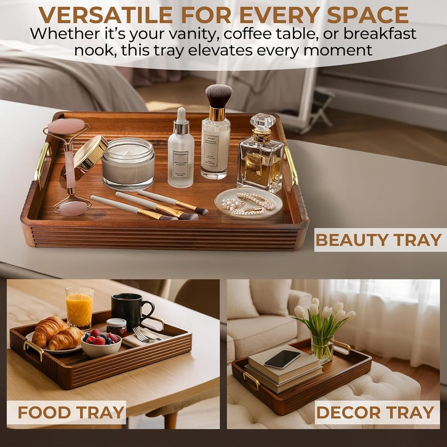 Acacia Wood Serving Tray with Metal Handles – 17x12in Rustic Decorative Ottoman & Coffee Table Tray for Breakfast in Bed, Dinner, Bar, Kitchen, Home Décor & Entertaining