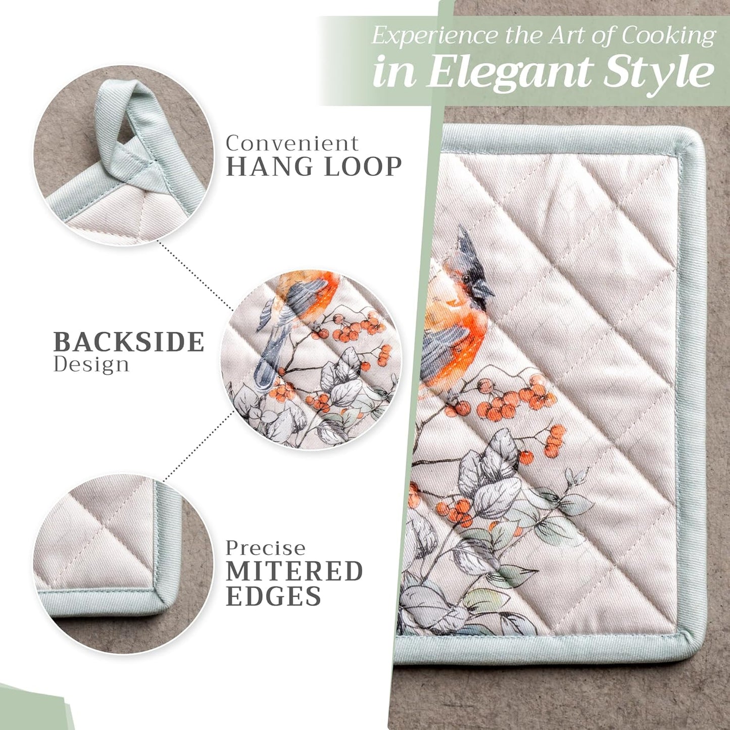 Maison d' Hermine 100% Cotton Oven Mitt & Pot Holder Set (7.5"x13" & 8"x8") Heat Resistant BBQ Cooking Gloves with Loop, Baking, Grilling, Kitchen, Handling Hot Pans (Whitish Shabby Chique)