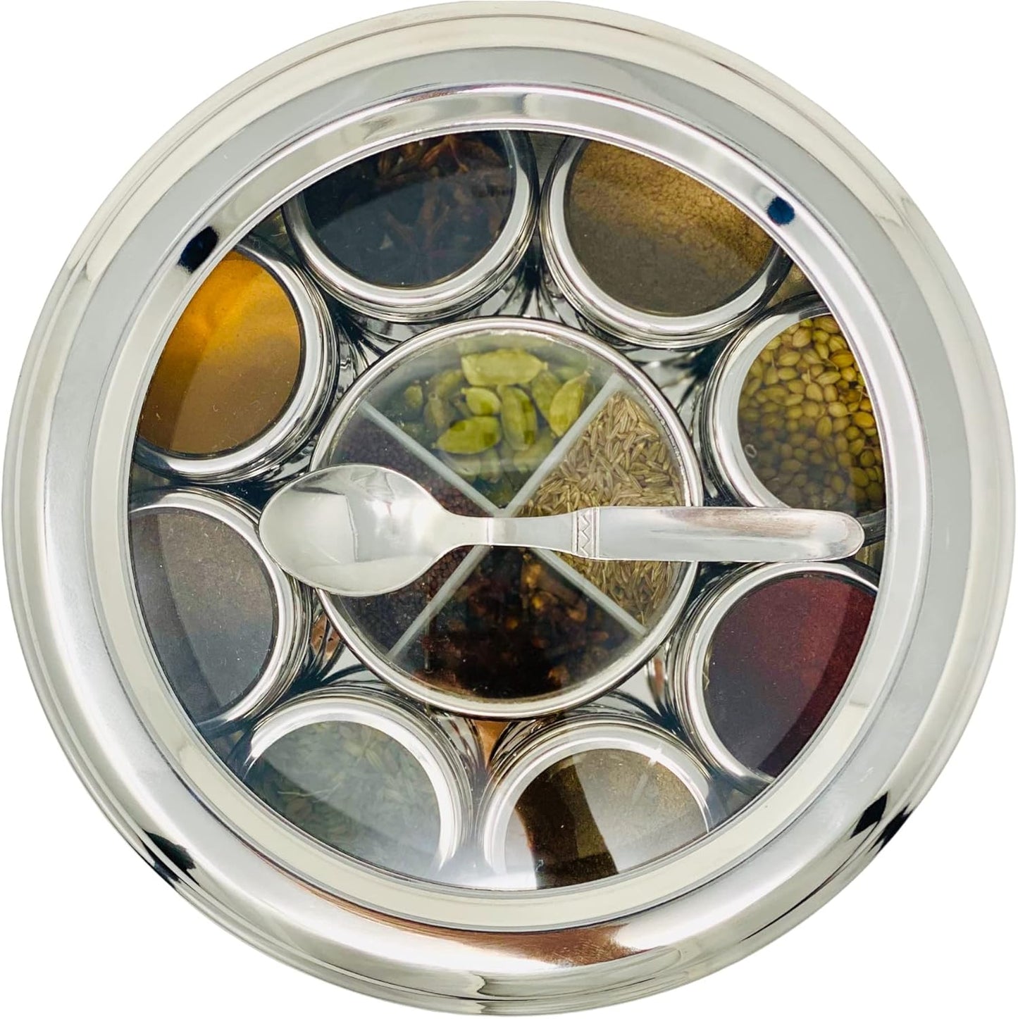 spice dabba Stainless Steel Indian Spice Box,Steel Masala Dabba 12 Spices,Lid Spice Box,Authentic Spices,Masala Box with Individual containers|Size 9 x 9 x 3 IN 3 LB (Indian Spice Box with Spices)