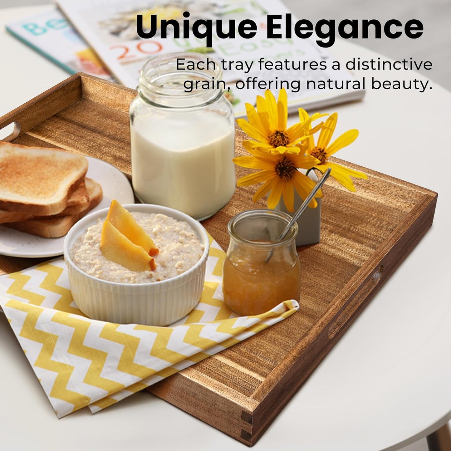 Acacia Wood Serving Tray with Handles£¨17 Inch£© ? Decorative Wooden Tray for Breakfast in Bed, Kitchen, or Serving on Couch, Coffee Table, Ottoman for Living Room, and More