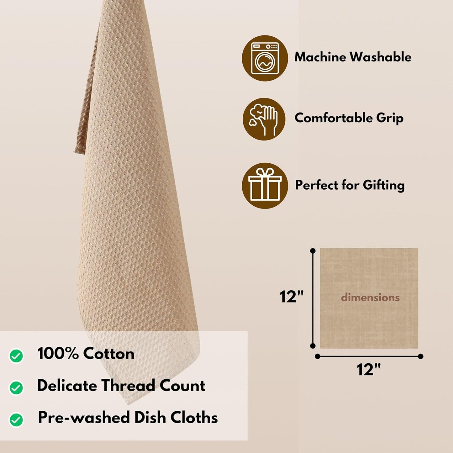 Native Fab 18 Pack Waffle Dish Cloths - 100% Cotton, 12" x 12", Absorbent, Quick Drying, Washable Towels for Cleaning, Cooking, Baking - Great for Home, Restaurants, Bars, Versatile Use - Beige