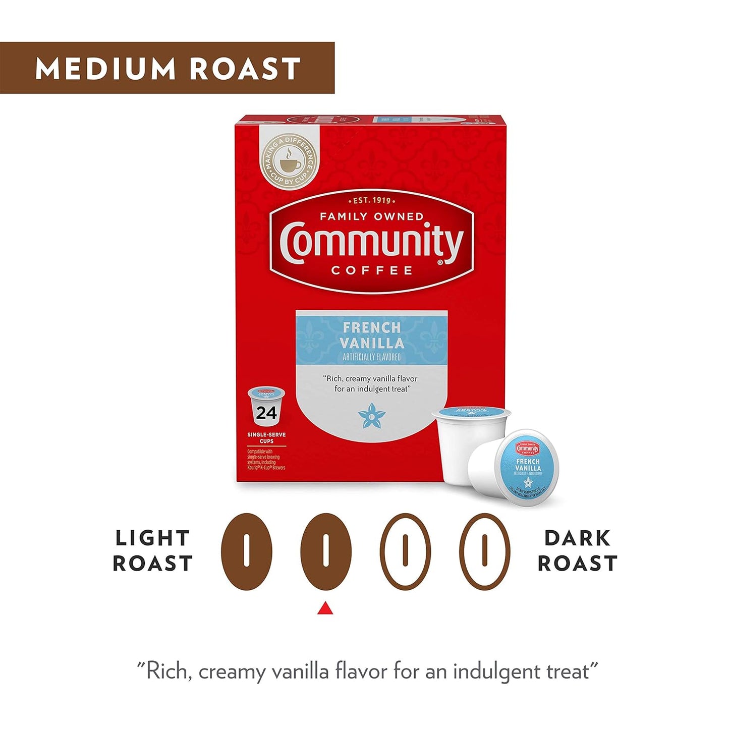 Community Coffee French Vanilla Flavored 12 Count Coffee Pods, Medium Roast, Compatible with Keurig 2.0 K-Cup Brewers, 12 Count (Pack of 1)