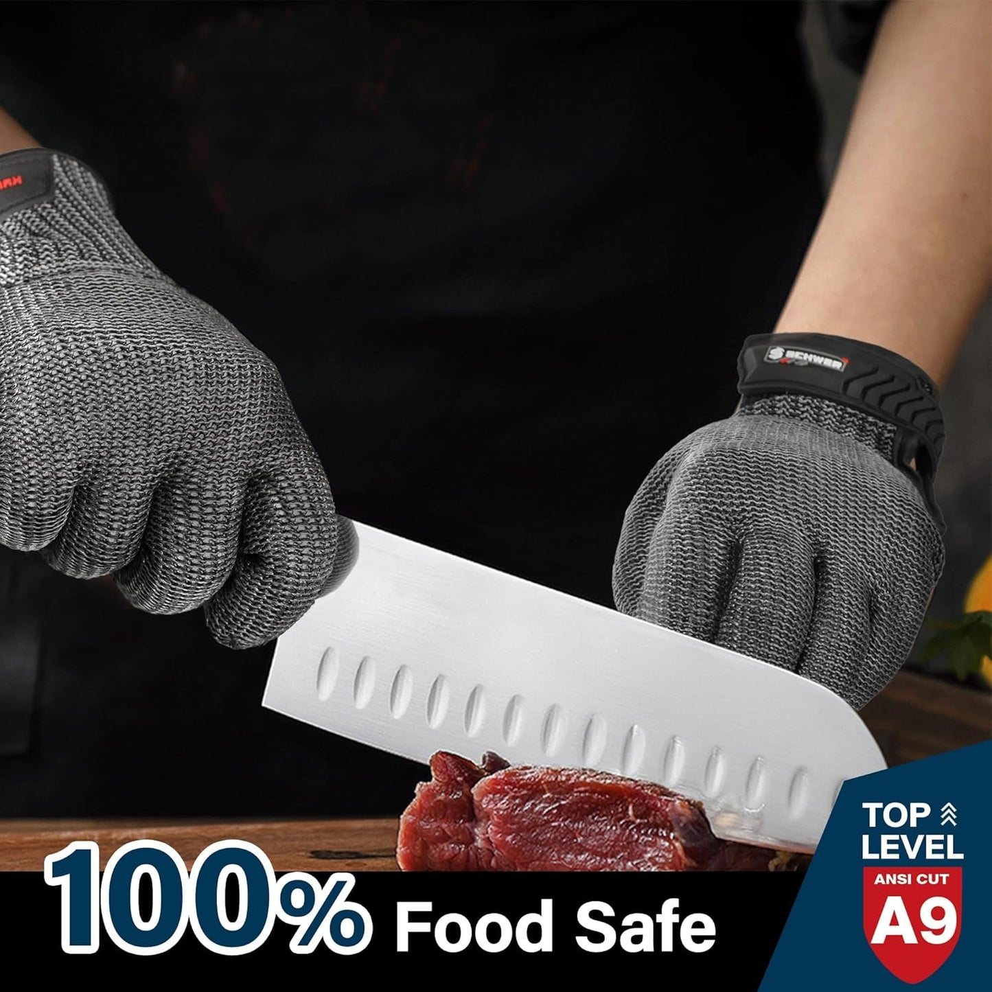 Schwer Ultimate Cut Resistant Gloves Beyond ANSI A9, Reinforced Stainless Steel Glove, Food Grade Mesh Metal Gloves for Butcher Meat Cutting, Oyster Shucking, Mandoline, Non-PFAS, PR1708 (L, 2 PCS)