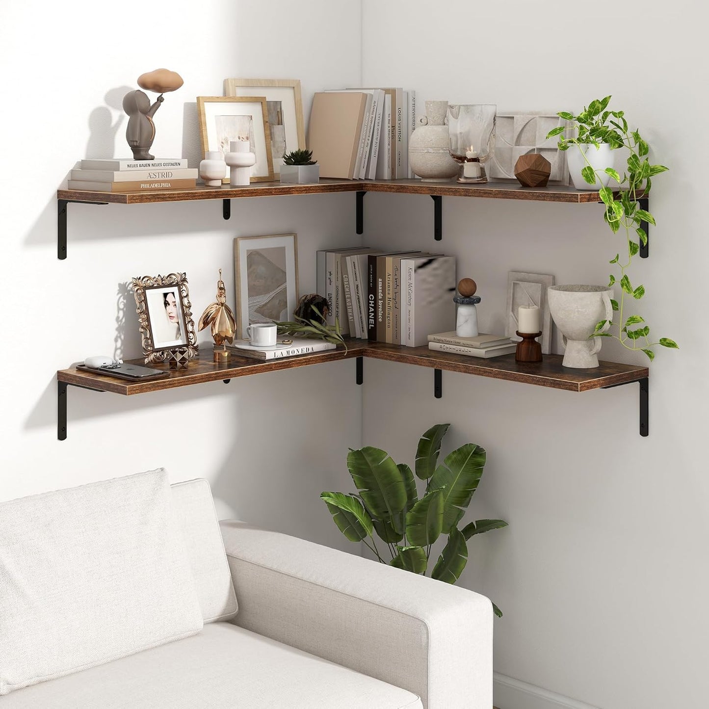 Fun Memories Deep Floating Shelves, 36W x 8D Floating Shelves Set of 2, Wall Mounted Shelf with Metal Brackets, Rustic Wood Wall Shelf for Bathroom, Kitchen and Living Room, Rustic Brown