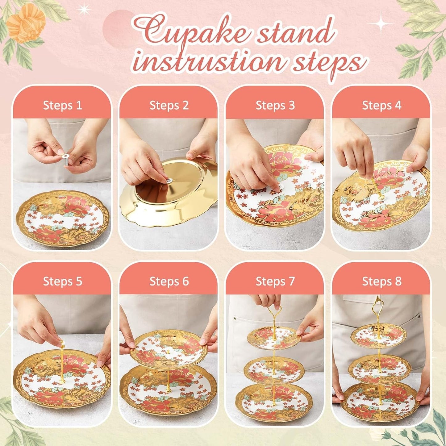 Maxcheck 21 Pcs Tea Party Set for Adults European Floral Tea Set with Metal Holder and 3 Tier Ceramic Cake Stand Porcelain Flower Cup Teapot for Dessert Cupcake(Elegant Style)