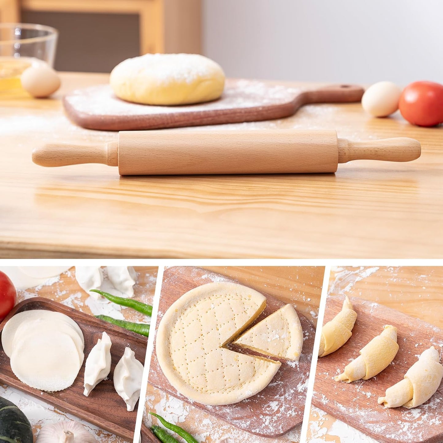 AISOSO Rolling Pins for Baking, 15.75 Inches Wooden Rolling Pin with Handles, Classic Nonstick Dough Roller for Fondant Pizza Pie Crust Cookie Pastry, Kitchen Baking Essentials, Light Yellow